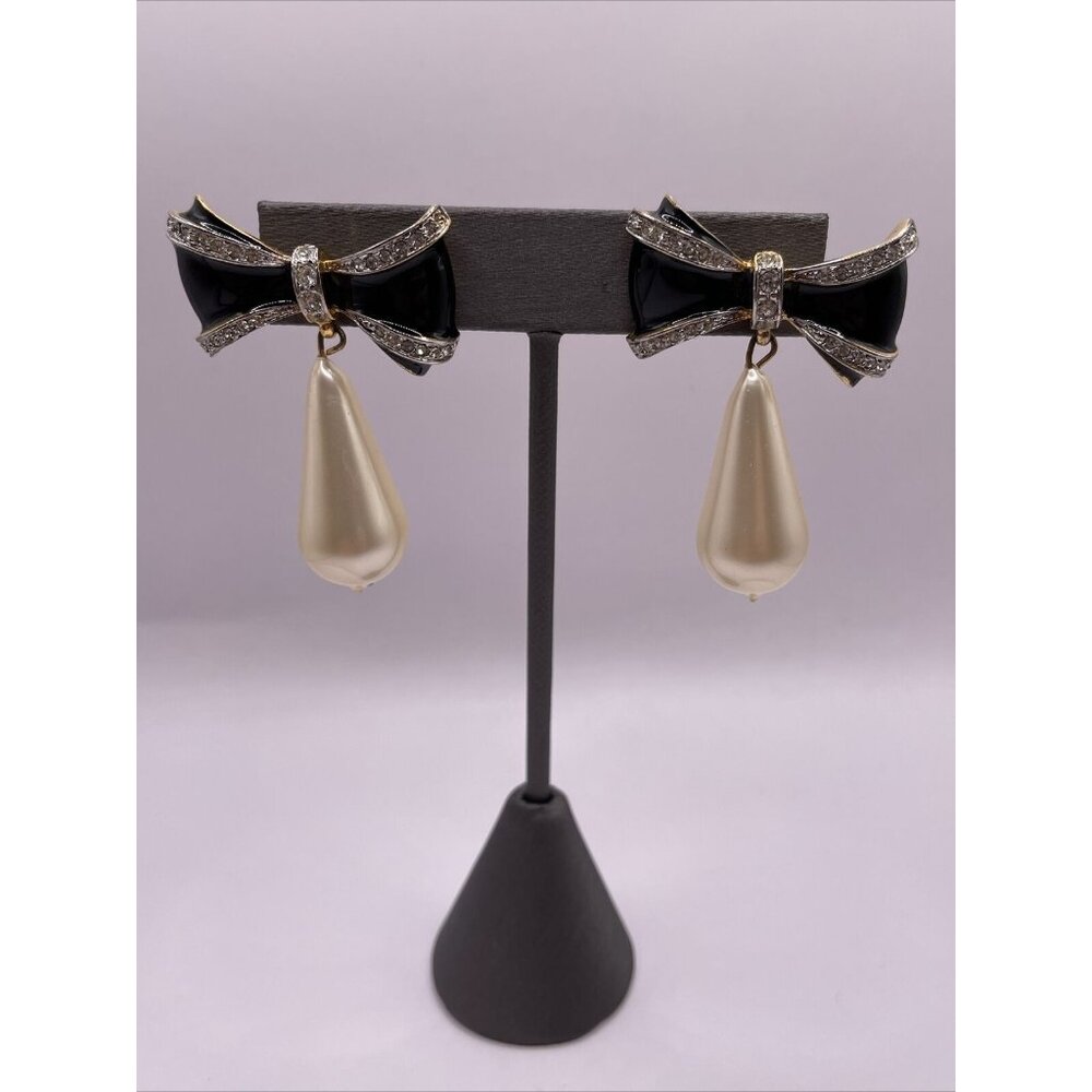Rare VTG Carolee Black Enamel Bow Rhinestone Faux Pearl Earrings Pierced AL4.1